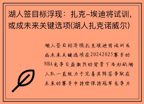 湖人签目标浮现：扎克-埃迪将试训，或成未来关键选项(湖人扎克诺威尔)