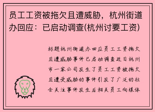 员工工资被拖欠且遭威胁，杭州街道办回应：已启动调查(杭州讨要工资)